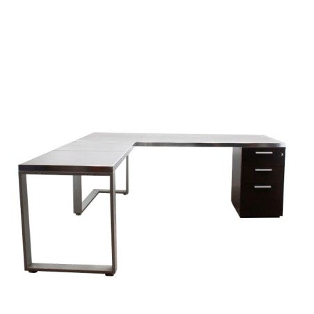 Mesa dirección con ala y cajonera con tapa en piel 200cm