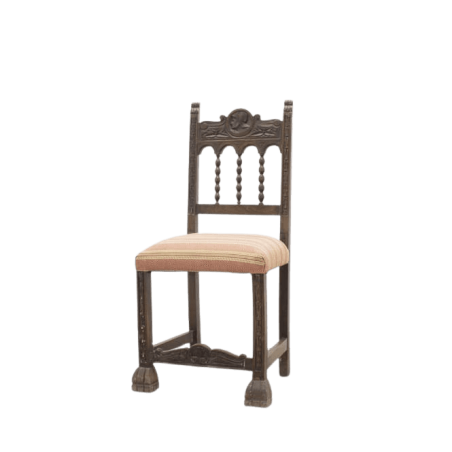 Silla de madera oscura con asiento tapizado en rayas